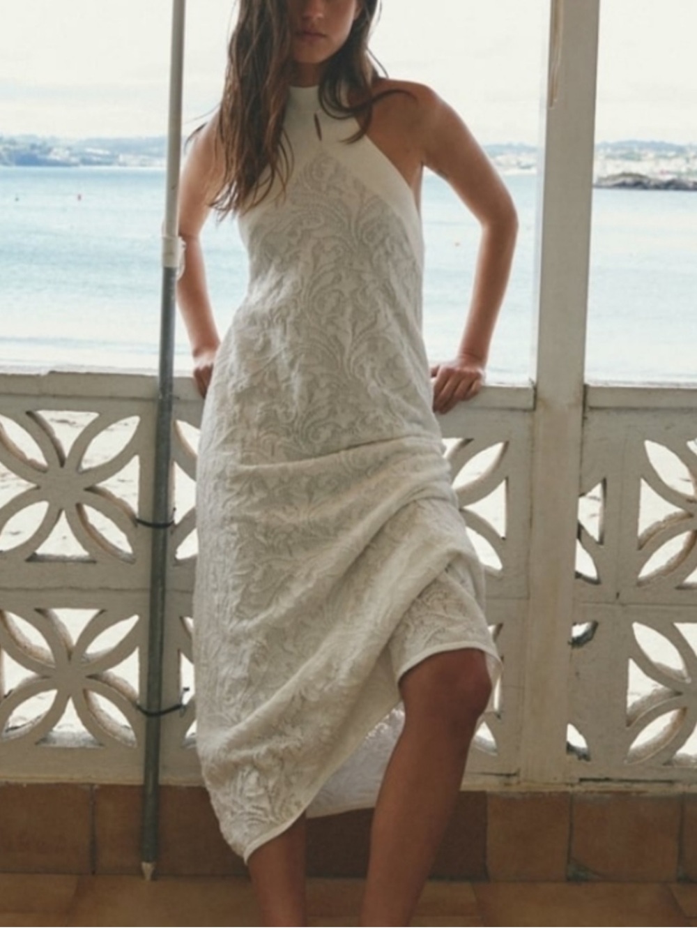 Zara Elegant White Halter Lace Midi Dress Size Medium NWT